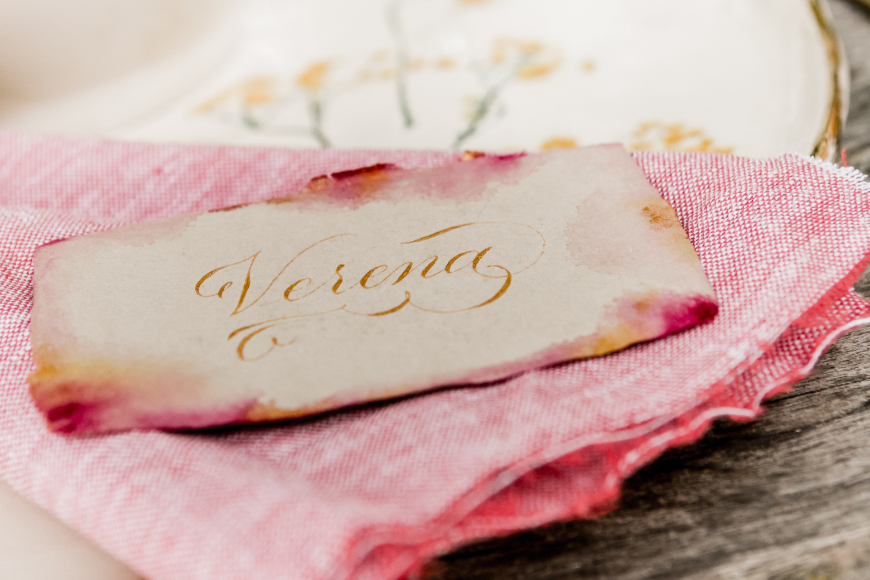 Calligraphy sunset table card, photo by Tina Vega Wilson